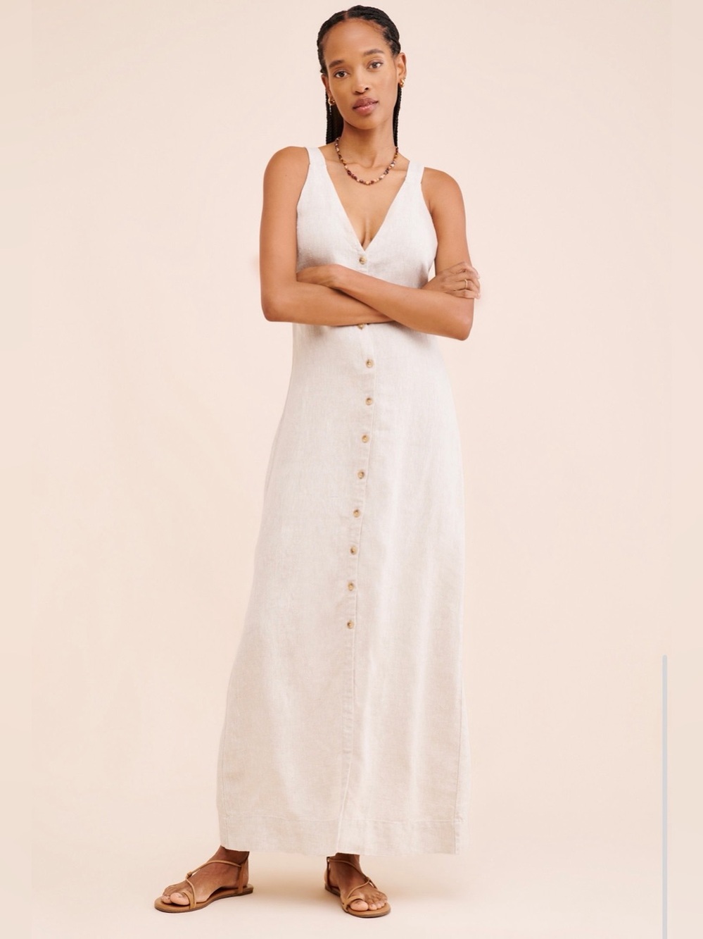 Faherty Big Sur 100% Linen Maxi Dress XS Beige Button Front Coastal Minimalist